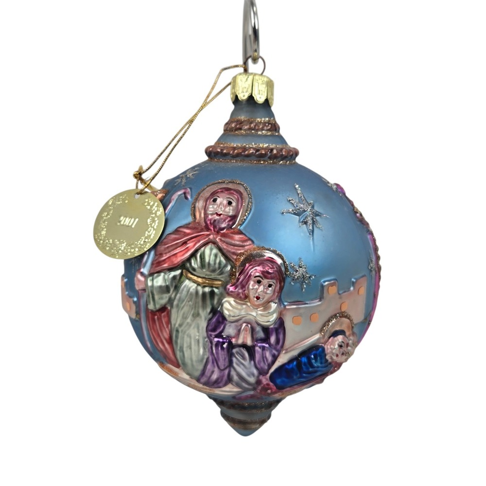 Vtg Blown Glass Nativity Ornament Holy Family Wise Men Angel 5.5" 3D Effect NICE